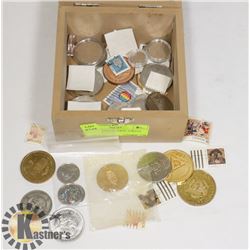 BOX OF VARIOUS COINS, TOKENS AND MORE.