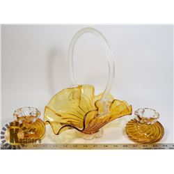 YELLOW GLASS DECORATIVE CANDY DISH & 2 CANDLE
