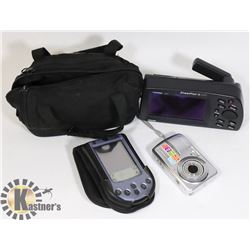 FLAT OF CAMERA, GPS AND PALM PILOT.