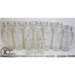 BOX WITH VINTAGE MILK & CREAM BOTTLES.