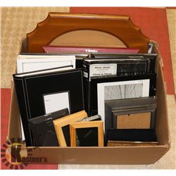 BOX OF ASSORTED PICTURE FRAMES AND PHOTO ALBUMS.
