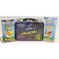 LOT OF POKEMON THEME DECK AND TIN COLLECTIBLES.