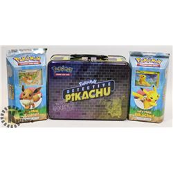 LOT OF POKEMON THEME DECK AND TIN COLLECTIBLES.