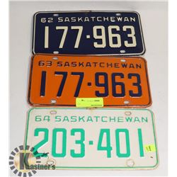 LOT OF 3 SASKATCHEWAN LICENSE PLATES (1962-64)