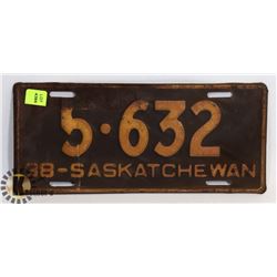 VINTAGE SASKATCHEWAN LICENSE PLATE (1938)
