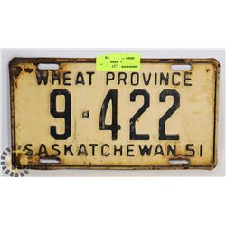 VINTAGE SASKATCHEWAN LICENSE PLATE 1951