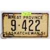 Image 1 : VINTAGE SASKATCHEWAN LICENSE PLATE 1951
