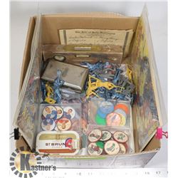 BOX OF COLLECTIBLES WITH 4 COMICS.