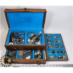 VINTAGE WOODEN JEWELRY BOX FULL OF JEWELRY
