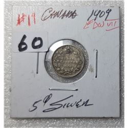 8)  CANADIAN 1909 SILVER 5 CENT COIN