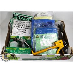 LOT OF ASSORTED TOOLS AND TARP