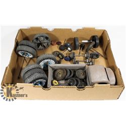 TRAY WITH ANTIQUE TIN TRUCK AND TIRES AND WHEELS