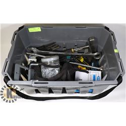 TOOLS BOX THAT INCLUDES HAMMER, AXE, 2 BOXES OF PO
