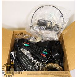 BOX OF COMPUTER & STEREO WIRES, REMOTES AND MORE