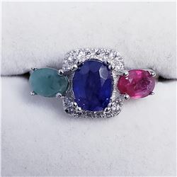 SILVER SAPPHIRE EMERALD RUBY W/ CZ RING