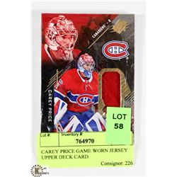 CAREY PRICE GAME WORN JERSEY UPPER DECK CARD.