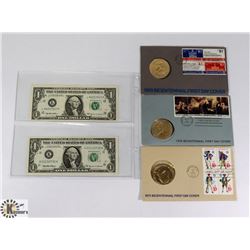 USA CURRENCY AND BICENTENNIAL FIRST DAY COVERS.