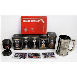 BOX OF NHL COLLECTIBLES INCL. OILERS MUG,