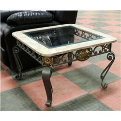 METAL, FAUX MARBLE & GLASS TOP TABLE, 30"X30"X20".