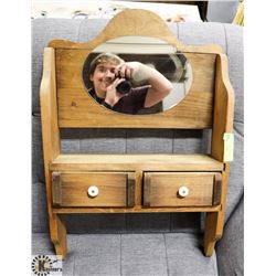 WOOD WALL SHELF WITH 2 DRAWERS & MIRROR.