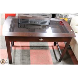WOOD AND GLASSTOP WRITING DESK, 48"X24"X30.5".