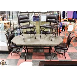 STONE TOP TABLE WITH 6 METAL AND LEATHERETTE SIDE