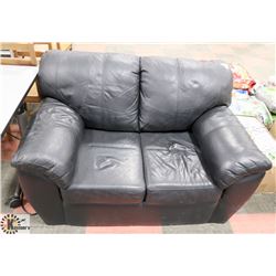 BLACK LEATHERETTE 55" LOVE SEAT  - SHOWS SIGNS OF