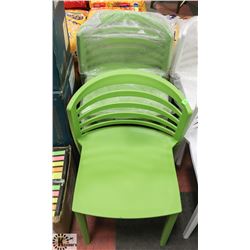 LOT OF 4 GREEN STACKABLE PLASTIC CHAIRS ON CHOICE