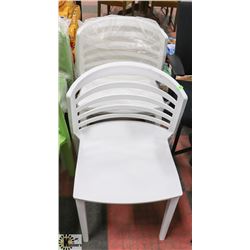 LOT OF 4 WHITE STACKABLE PLASTIC CHAIRS ON CHOICE