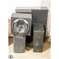 LOT OF 2 TALL SONY SPEAKERS AND 3 SMALL YAMAHA AND