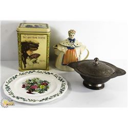 BOX OF VINTAGE TEA POT, SILVER PLATED BOWL AND