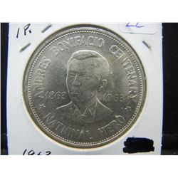 1963 Philippines one peso.  90% silver.  Choice Brilliant Uncirculated