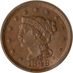 Lot 24 - 1848 Coronet Head Cent N-21 R4 NGC MS64 BN