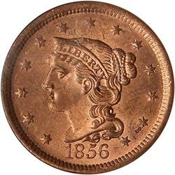 Lot 26 - 1856 Coronet Head Cent. N14 R1 Slanting 5 NGC MS64 RD