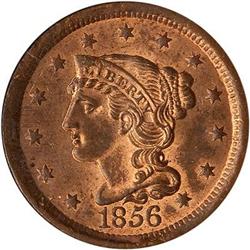 Lot 27 - 1856 Coronet Head Cent. N21 R2 Slanting 5. NGC MS64 RB