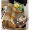 Image 1 : Vintage Wooden Fruit Box with Wool Blanket and 2 Vintage Toys