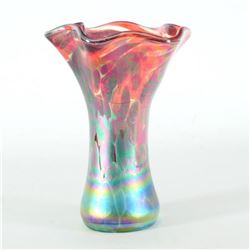 Glass Eye Studios, "Mini Ruffle Vase (Red Rainbow Twist)" Hand Blown Glass Sculpture (Second).