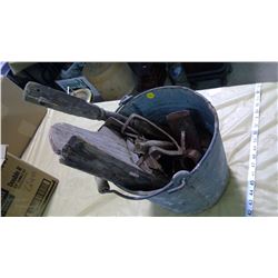 STEEL PAIL OF COLLECTIBLES ( GRASS SEEDER,SPIKE HAMMER HEAD,ETC.)