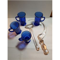 FOUR BLUE MUGS & HAMMER SICKLE GLASS (RUSSIAN SYMBOL)