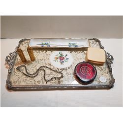 ANTIQUE VANITY MAKE-UP STAND WITH LIMOGES TRAY, ETC.
