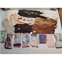 VINTAGE GLOVES, HANDERCHIEFS WITH 10 BROOCHES