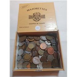 CIGAR BOX FULL OF FOREIGN COINS, ABOUT 3 POUNDS