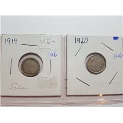 1920 AND 1919 CANADA 5 CENT SILVER COINS