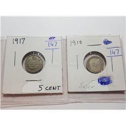 1918 AND 1917 CANADA 5 CENT SILVER COINS