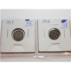 1917 AND 1916 CANADA 5 CENT SILVER COINS