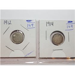 1914 AND 1912 CANADA 5 CENT SILVER COINS