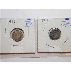 1913 AND 1912 CANADA 5 CENT SILVER COINS