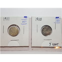 1911 AND 1910 CANADA 5 CENT SILVER COINS