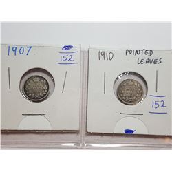 1910 POINTED LEAVES AND 1907 CANADA 5 CENT SILVER COINS