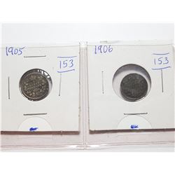 1906 AND 1905 CANADA 5 CENT SILVER COINS